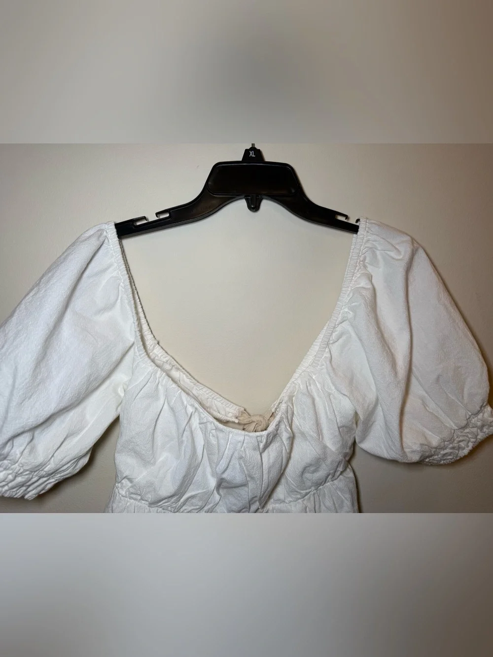 Free People White Cotton Babydoll Blouse NWT Medium Puff Sleeves Open Tie Back